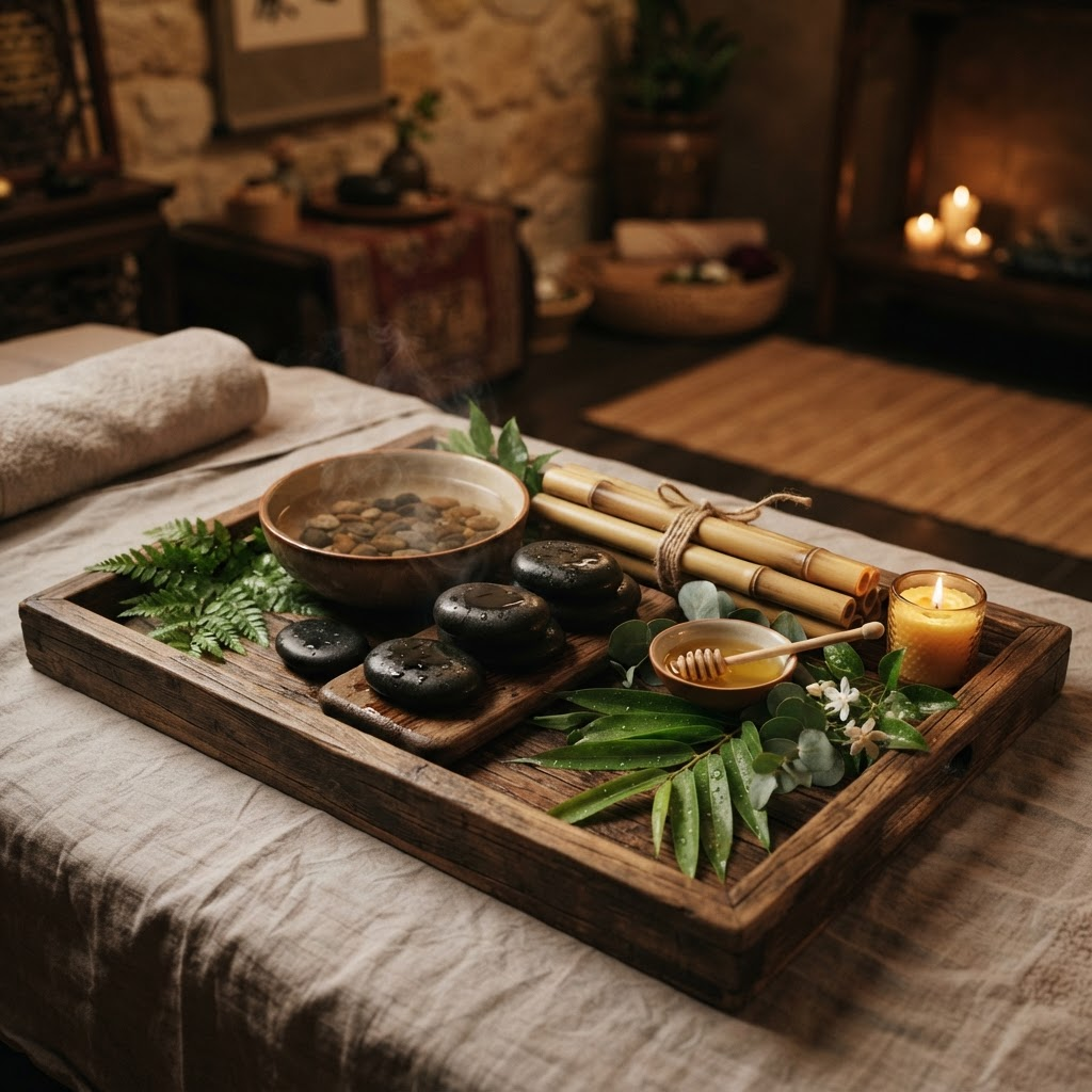 Hot stones and bamboo arranged for a traditional Chinese massage treatment